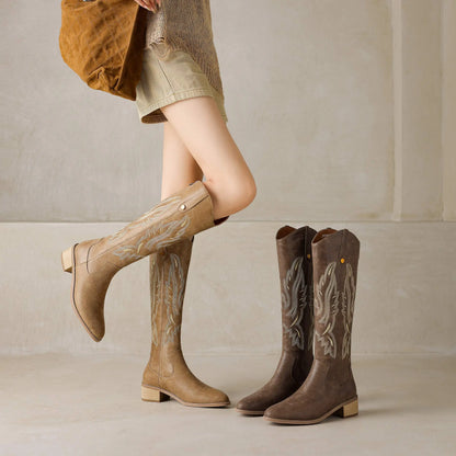 Cow Leather Embroider High Heels Modern Western Boots - Ghoddosh