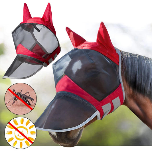A horse fly mask in red and black with mesh body and nasal cover, displayed on a horse's head @ ghoddosh.com