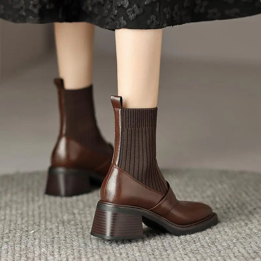 Retro Cow Split Leather Chelsea Boots — Square Toe, Platform Block Heel - Ghoddosh