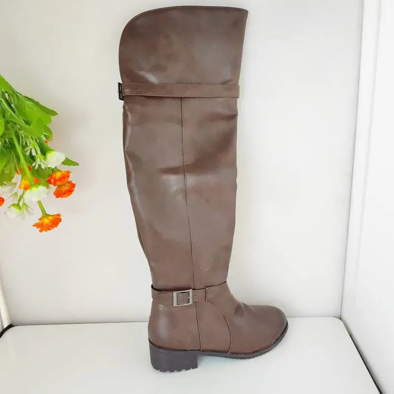 Women's Round Toe Chunky Block Heel Thigh-High Riding Boots with Belt Buckles @ ghoddosh.com