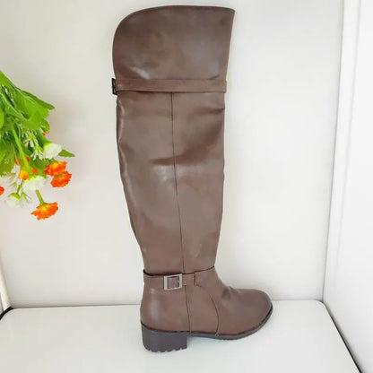 Women's Round Toe Chunky Block Heel Thigh-High Riding Boots with Belt Buckles @ ghoddosh.com