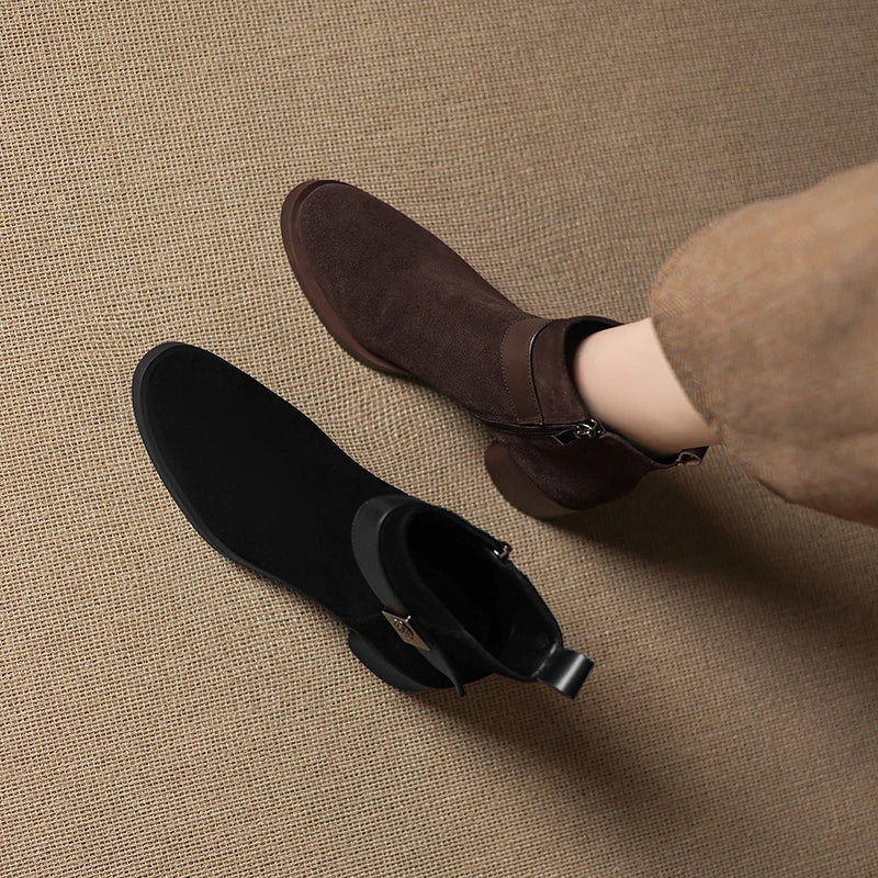 New  Women Genuine Leather  Chelsea Boots - Square  Heels Short Ankle Boots - ghoddosh.com