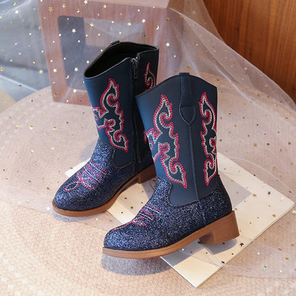 Kids Embroidered Western Cowboy Boots – Unisex Tall Pull-On Cowgirl Boots for Boys and Girls @ ghoddosh.com