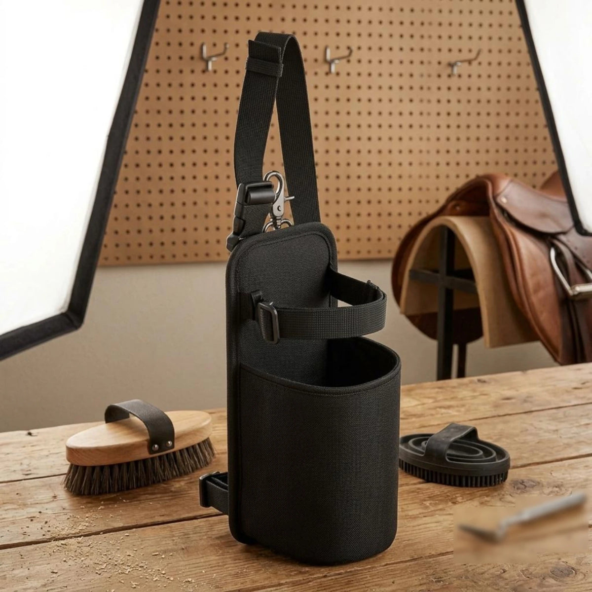 Horse Saddle Water Bottle Holder with Metal Buckle – Black Nylon Equestrian Drink Pouch for Trail Riding. @ ghoddosh.com