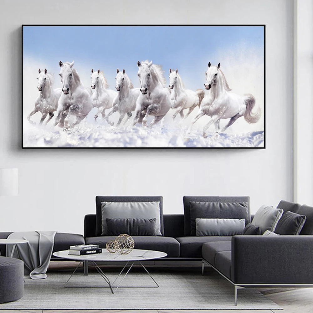 7 White Running Horses Canvas