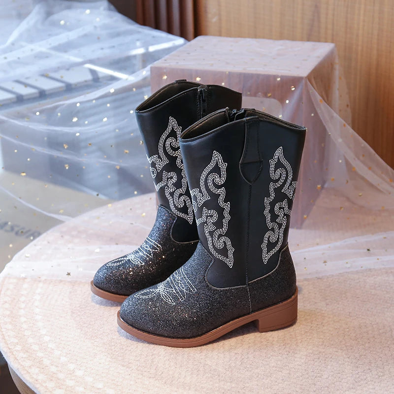 Kids Embroidered Western Cowboy Boots – Unisex Tall Pull-On Cowgirl Boots for Boys and Girls @ ghoddosh.com