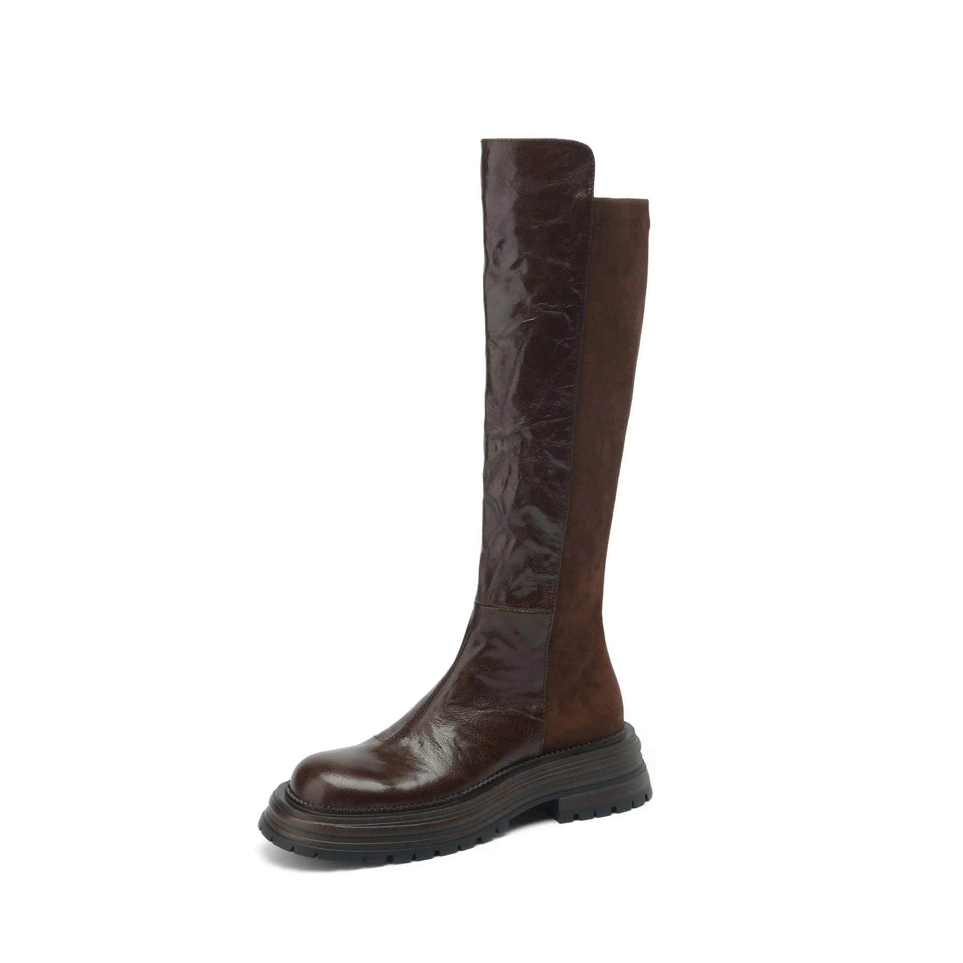 Vintage Sheep Leather Round Toe Winter  Equestrian Boots   Med Heels Slip On Platform Punk Thigh High Boots - Ghoddosh