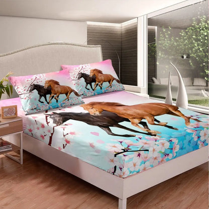 Horse Fitted Sheets ,Twin Size  Cute Horse  Bedding Set  with Pink Love Hearts Décor @ ghoddosh.com