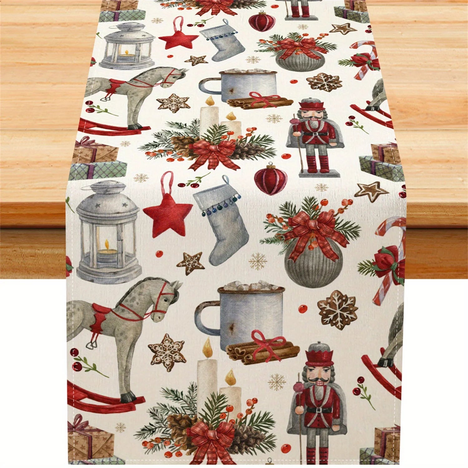 1pc Vintage Christmas Collage Table Runner, Nutcracker & Rocking Horse Design  @ghoddosh.com