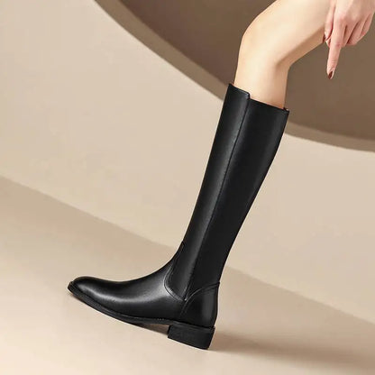 Cow Leather Square Toe Thick Med Heels  Equestrian Boots -ghoddosh.com