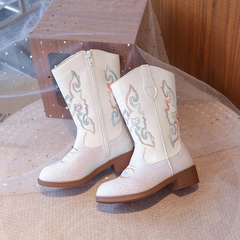 Kids Embroidered Western Cowboy Boots – Unisex Tall Pull-On Cowgirl Boots for Boys and Girls @ ghoddosh.com