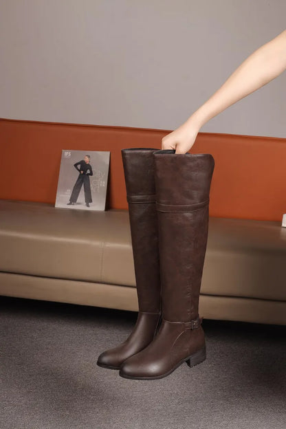 Women's Round Toe Chunky Block Heel Thigh-High Riding Boots with Belt Buckles @ ghoddosh.com