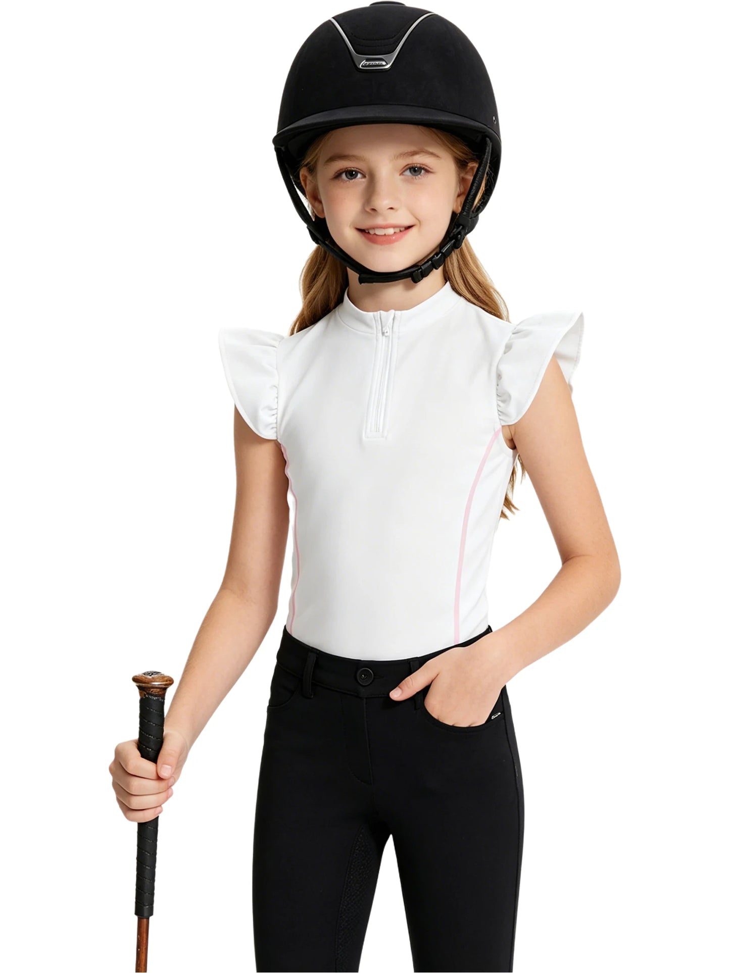 Girls Equestrian Quarter-Zip  Shirt | Kids Ruffled Sleeve Quick-Dry Horse Riding Top @ ghoddosh.com