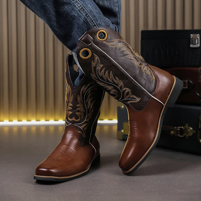 Men’s Knight High-Top  , Square Heels Embroidered Western Cowboy Boots - Ghoddosh
