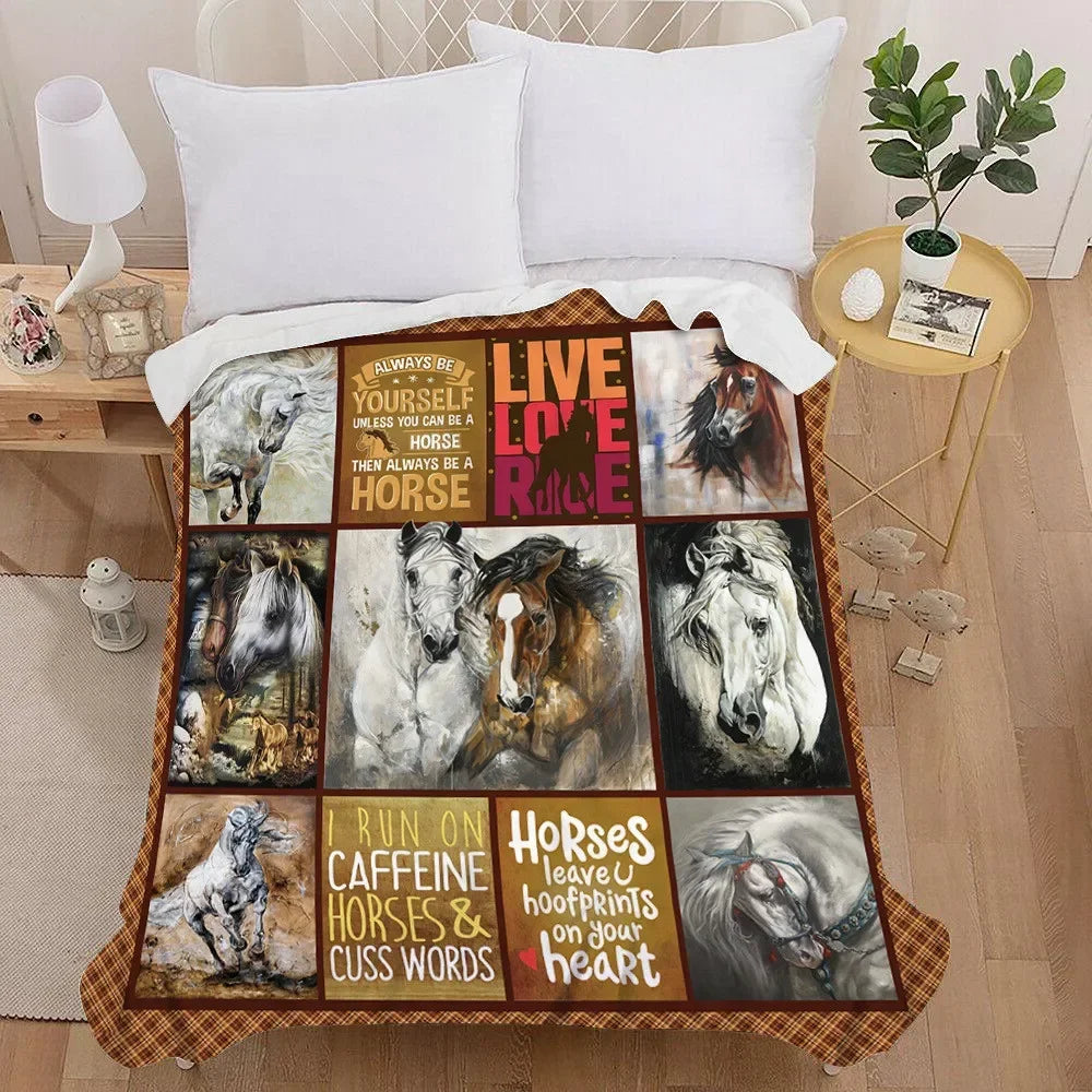 Horse 3D Painting Art  Throw Blanket -  Vintage Bedding Square Super Soft Light weighted Blanket