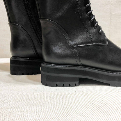 Genuine Leather Lace Up Med Heels  Round Toe Punk Superstar Riding  Over-the-knee Boots - Ghoddosh