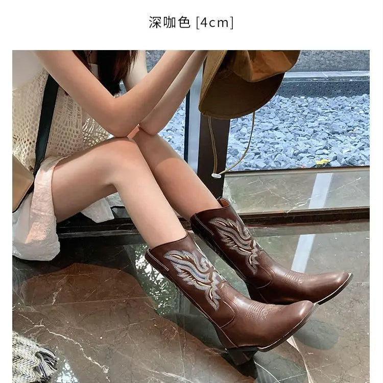 Embroidered brown cowboy boots — square toe and chunky mid-calf heel. - Ghoddosh