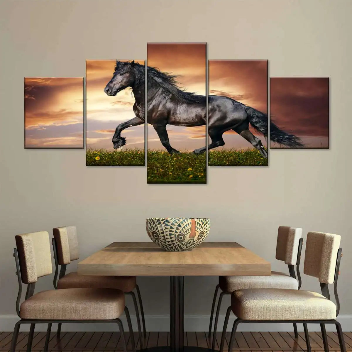 5 Panel Clashing Wild Running Horses Wall Art  Canvas Décor