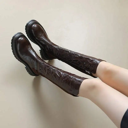 Vintage Sheep Leather Round Toe Winter  Equestrian Boots   Med Heels Slip On Platform Punk Thigh High Boots - Ghoddosh