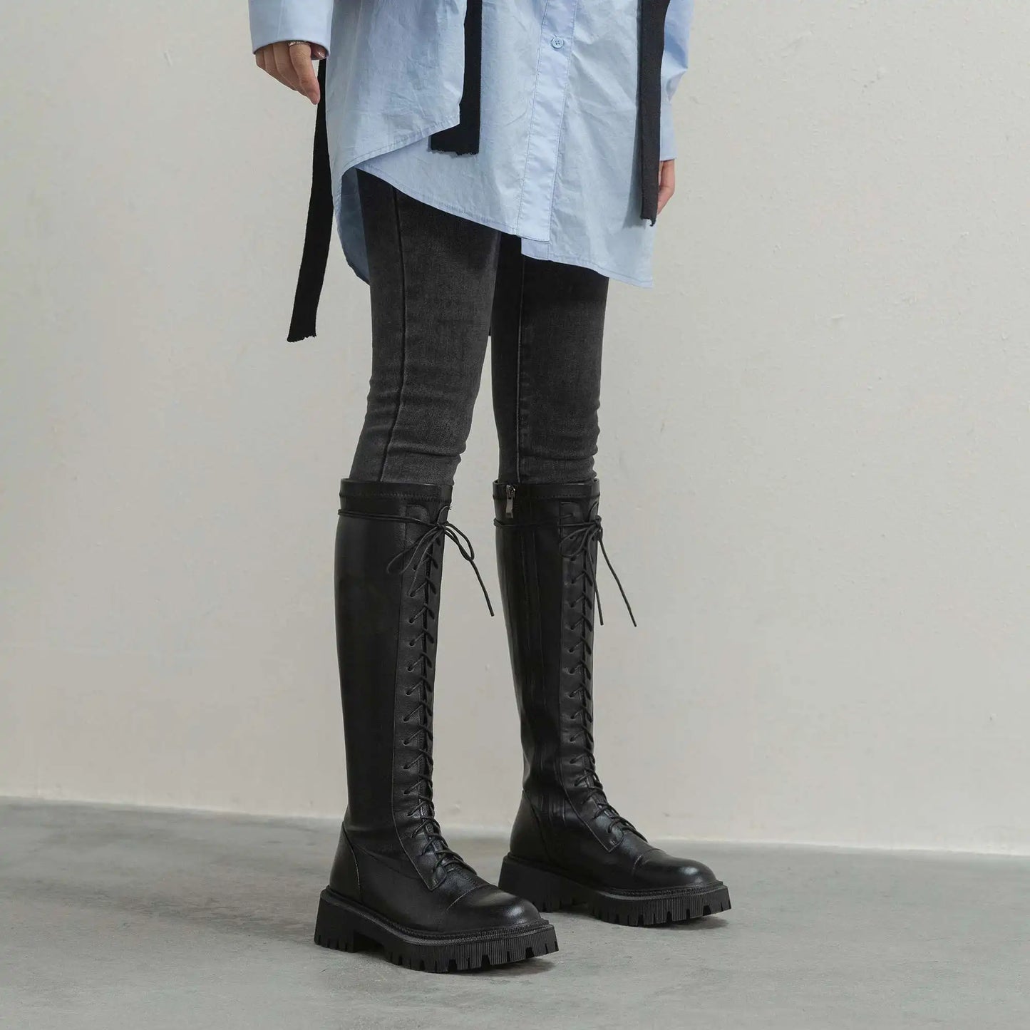 Genuine Leather Round Toe High Heel Riding Boots / Cross-tied Vintage Gladiator Lady Casual Platform Knee-high Boots .Ghoddosh

