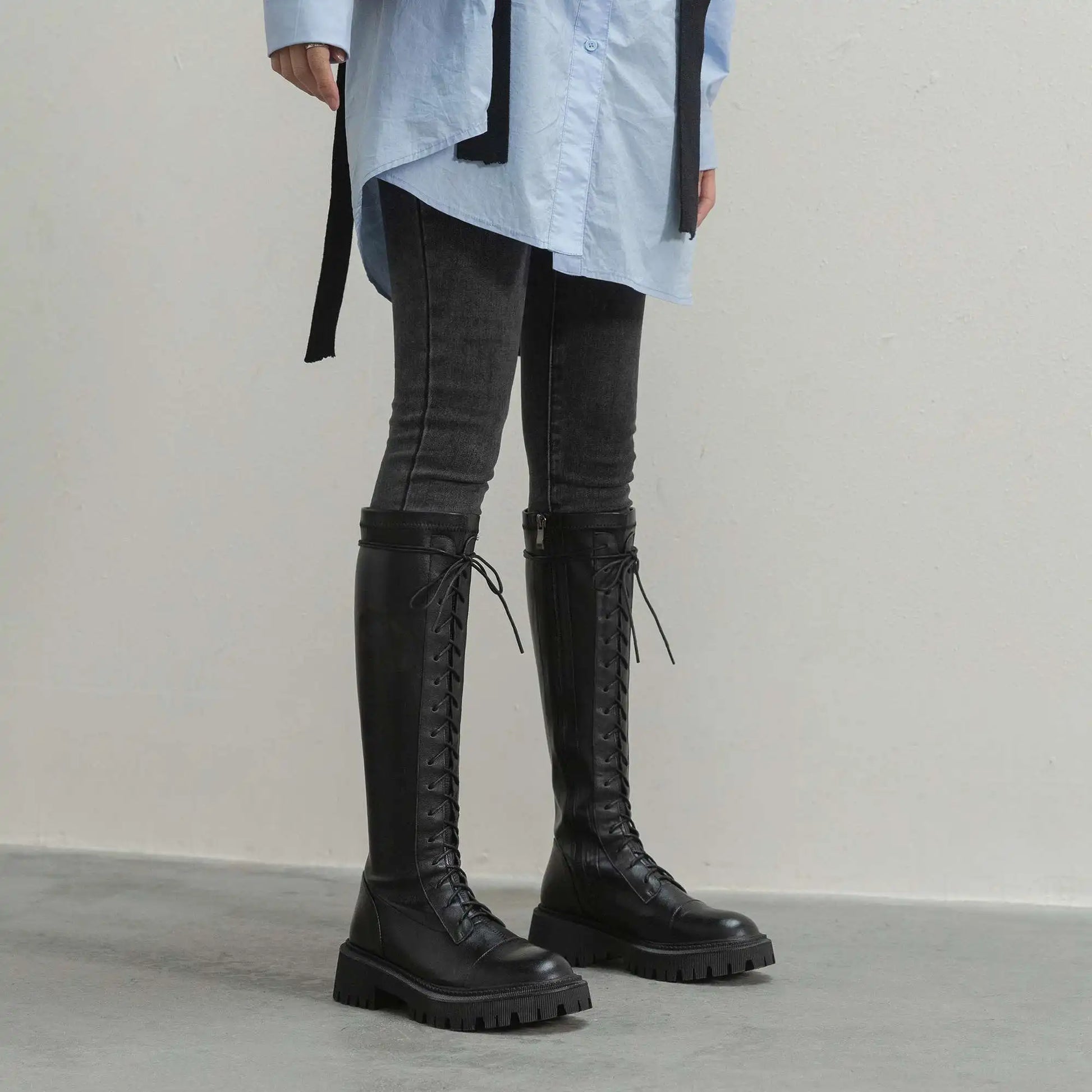 Genuine Leather Round Toe High Heel Riding Boots / Cross-tied Vintage Gladiator Lady Casual Platform Knee-high Boots .Ghoddosh

