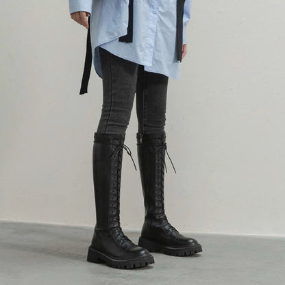 Genuine Leather Round Toe High Heel Riding Boots / Cross-tied Vintage Gladiator Lady Casual Platform Knee-high Boots .Ghoddosh

