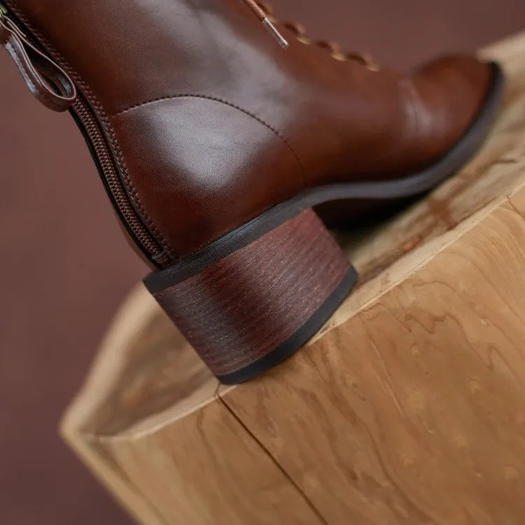 New  Split Leather Women  Round Toe  Chunky Heels Boots - Ghoddosh