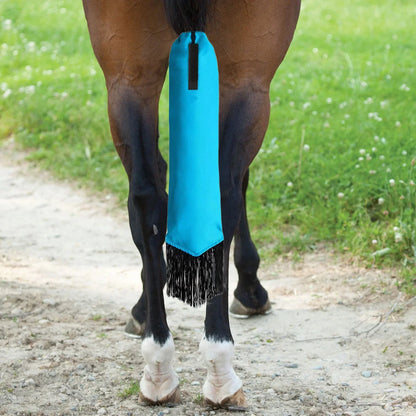 A Colored horse tail bag attached to a horse's tail, with  fringes. Ghoddosh