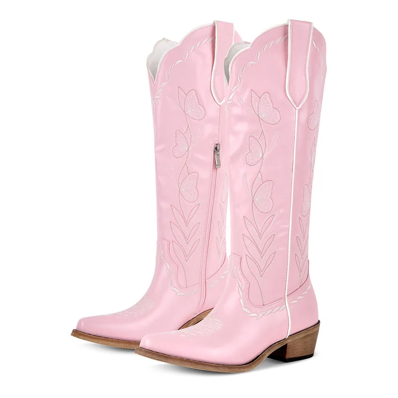 Women's Pink Knee-High Cowgirl Boots  Chunky Mid-Heel Pull-On Western Booties @ ghoddosh.com