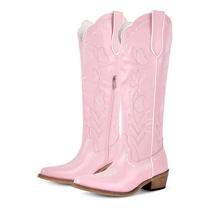 Women's Pink Knee-High Cowgirl Boots  Chunky Mid-Heel Pull-On Western Booties @ ghoddosh.com