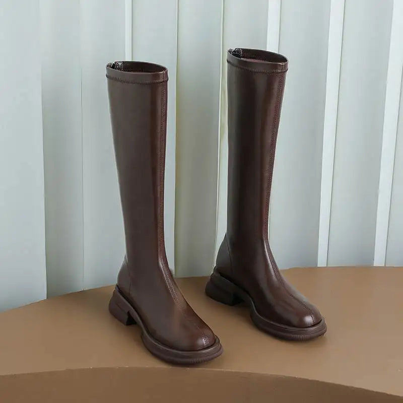 Cow Leather Round Toe Winter Warm Riding Boots / Thick Heels Gladiator Back Zipper Platform Knee Boots
GHODDOSH
