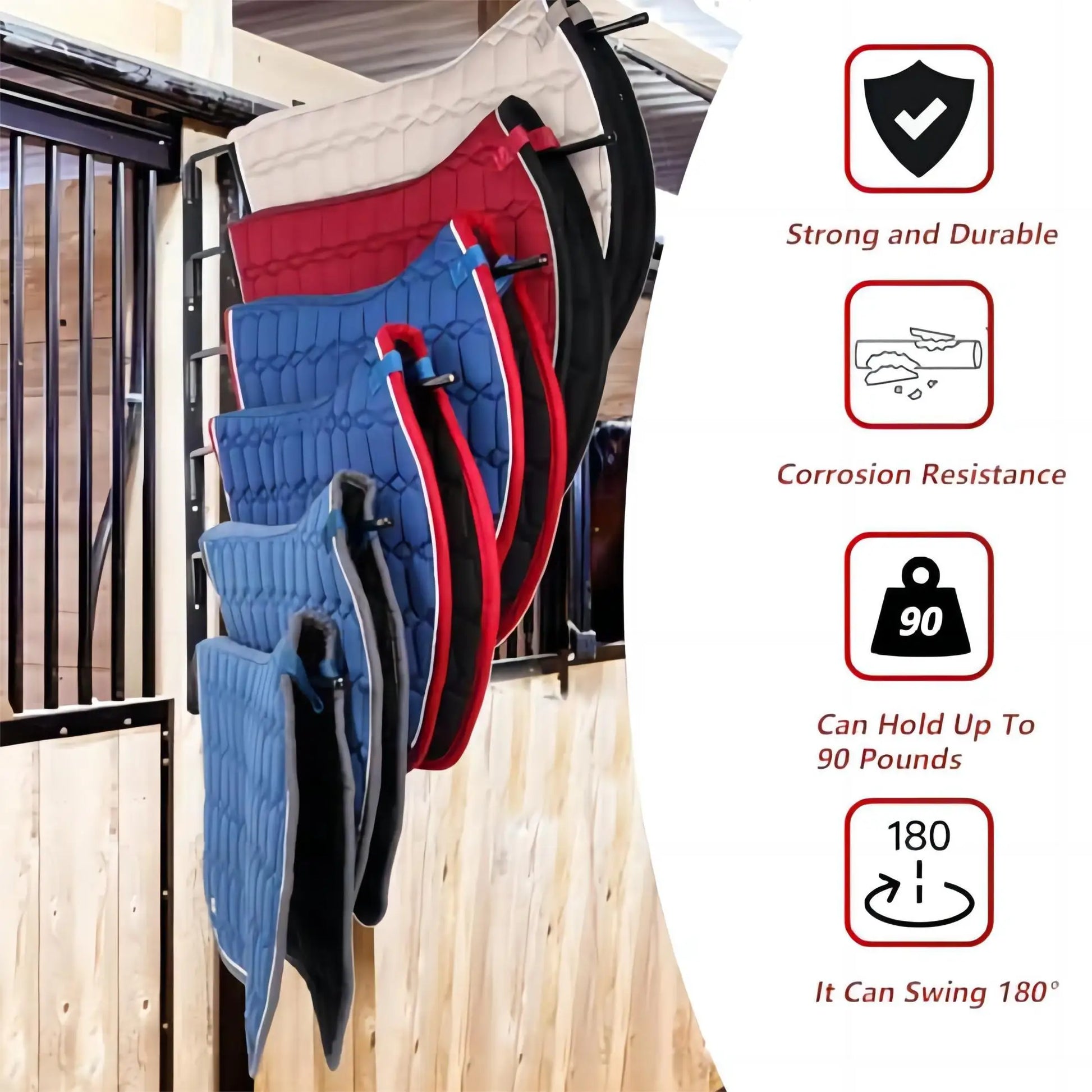 Saddle Pad Rack 6 Bar Wall of  Horse Blanket Holder -180 Degree Swivel with Extra Long Arms . Ghoddosh 