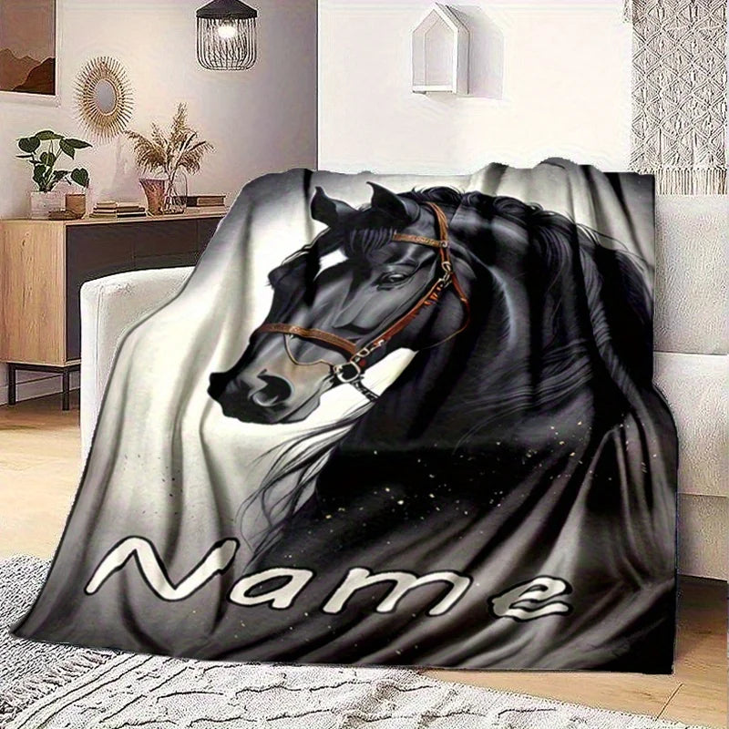 Personalized Custom Name Black Horse Flannel Blanket / Soft Flannel - ghoddosh.com