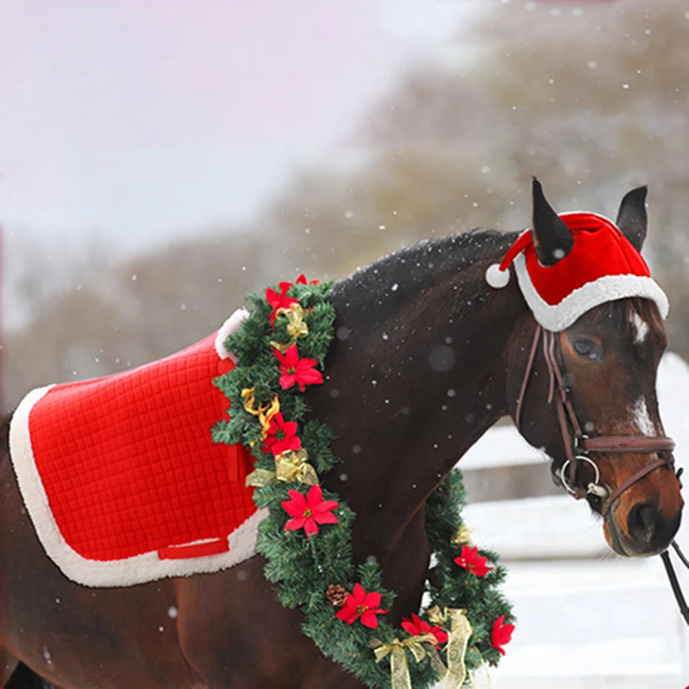 6Pcs Christmas Santa Horse Leg Wraps - Horse  Hat , Saddle Pad with Faux Fur  & Leg Wraps