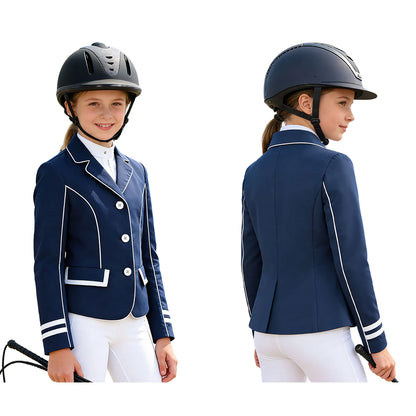 Equestrian outfit with navy jacket and white pants on a white background @ ghoddosh.com