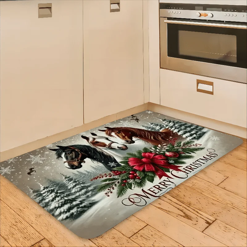 Christmas Horse Flower Pattern Floor Mat,  Non-Slip & Dirt-Proof Warm Carpet @ghoddosh.com