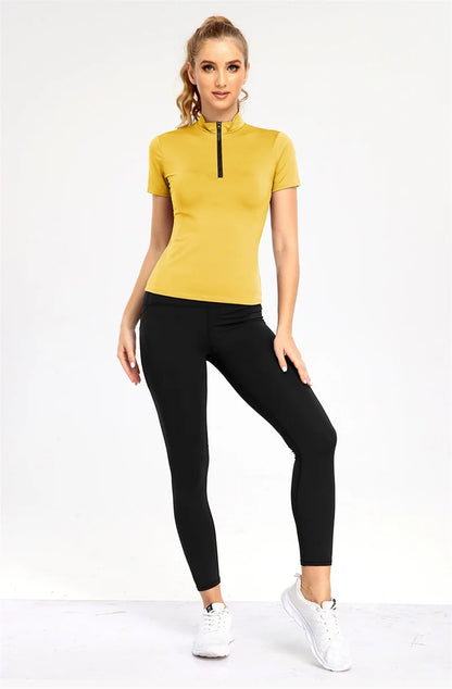 Active Crop Top Sports Women riding Short Sleeve Quarter Zipper