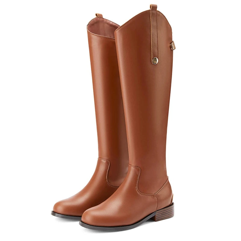 Women's Genuine Leather Thigh-High Riding Boots, Round Toe Mid-Heel Streetwear @ ghoddosh.com