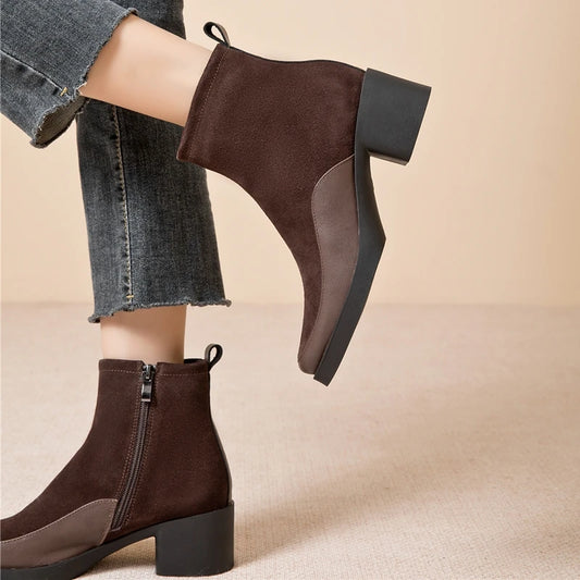 Women Ankle Boots -  Genuine Leather  Square Heels Women Booties - ghoddosh.com