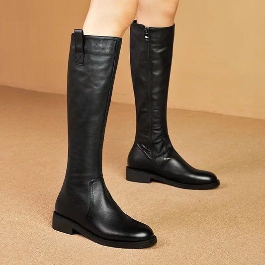 Equestrian Genuine Leather Long Flat Boots - Women's Horse Riding Knee High Boots @ ghoddosh.com