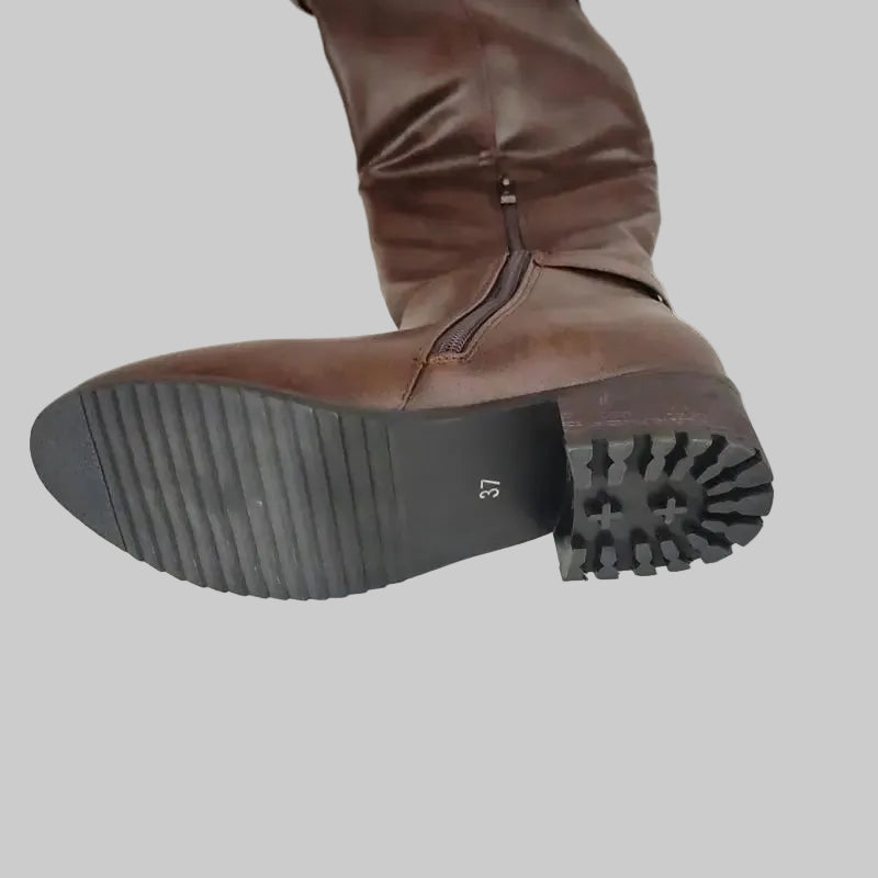 Women's Round Toe Chunky Block Heel Thigh-High Riding Boots with Belt Buckles @ ghoddosh.com