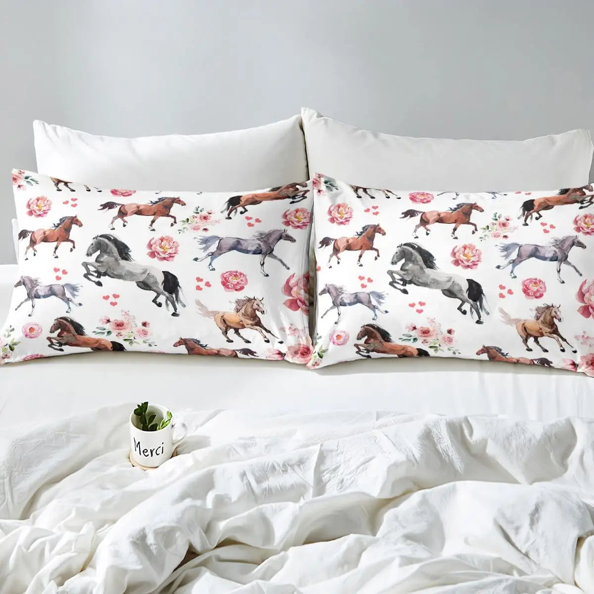 Horse Fitted Sheets ,Twin Size  Cute Horse  Bedding Set  with Pink Love Hearts Décor @ ghoddosh.com
