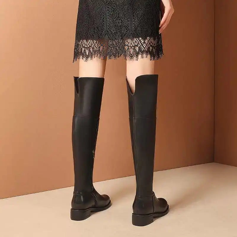 Black Classic Over‑the‑Knee Boots — Cow Leather, Mid Heel, Simple Daily Style - Ghoddosh