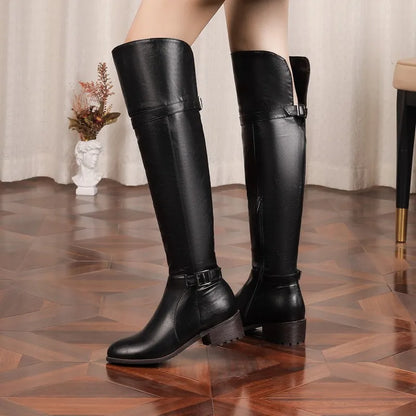 Women's Round Toe Chunky Block Heel Thigh-High Riding Boots with Belt Buckles @ ghoddosh.com