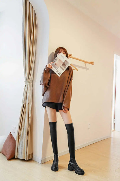 Big Size Cow Leather Stretch Over-the-knee Boots - Ghoddosh