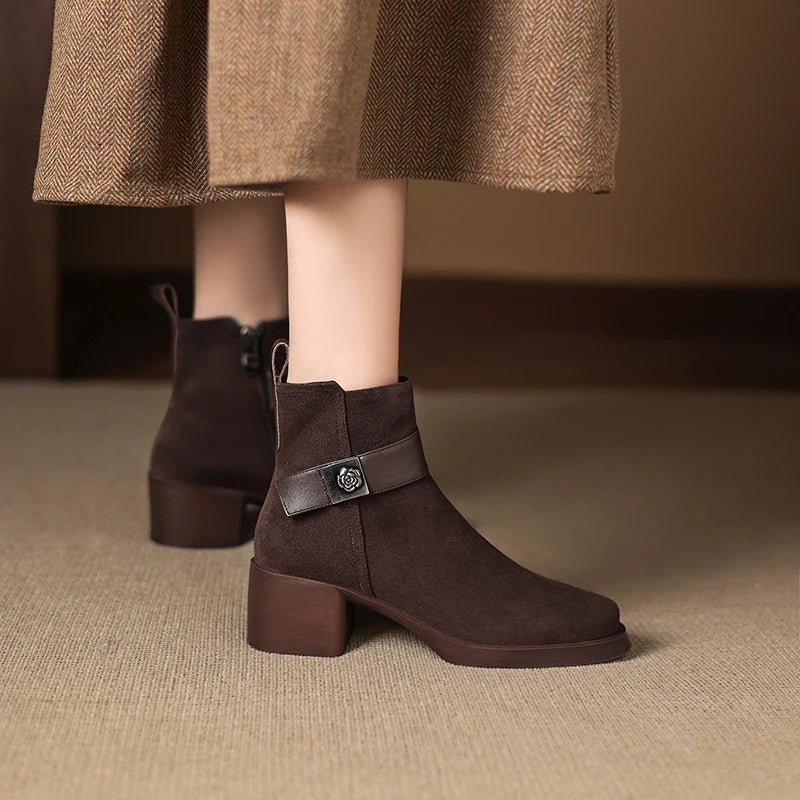 New  Women Genuine Leather  Chelsea Boots - Square  Heels Short Ankle Boots - ghoddosh.com