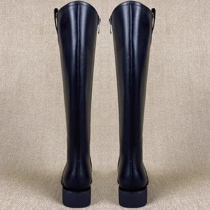 Equestrian Genuine Leather Long Flat Boots - Women's Horse Riding Knee High Boots @ ghoddosh.com