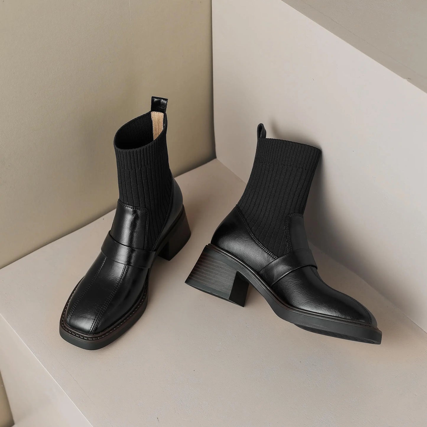 Retro Cow Split Leather Chelsea Boots — Square Toe, Platform Block Heel - Ghoddosh