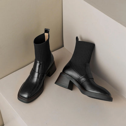 Retro Cow Split Leather Chelsea Boots — Square Toe, Platform Block Heel - Ghoddosh