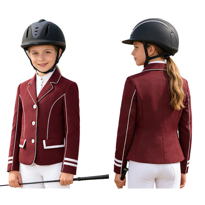 Child wearing a maroon equestrian jacket with white trim, helmet, and white pants on a white background. @ ghoddosh.com